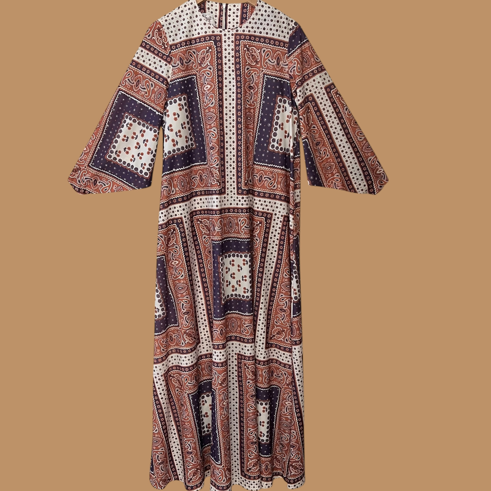 Vintage 70s Block Print Maxi Dress with Handkerchief Sleeves, Size Medium