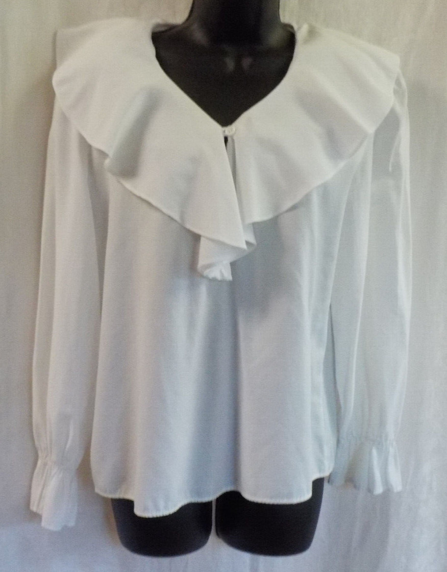 Vintage Fritz & Lloyd Dressy Blouse Size L White Ruffle Collar Pad Shoulders EVC