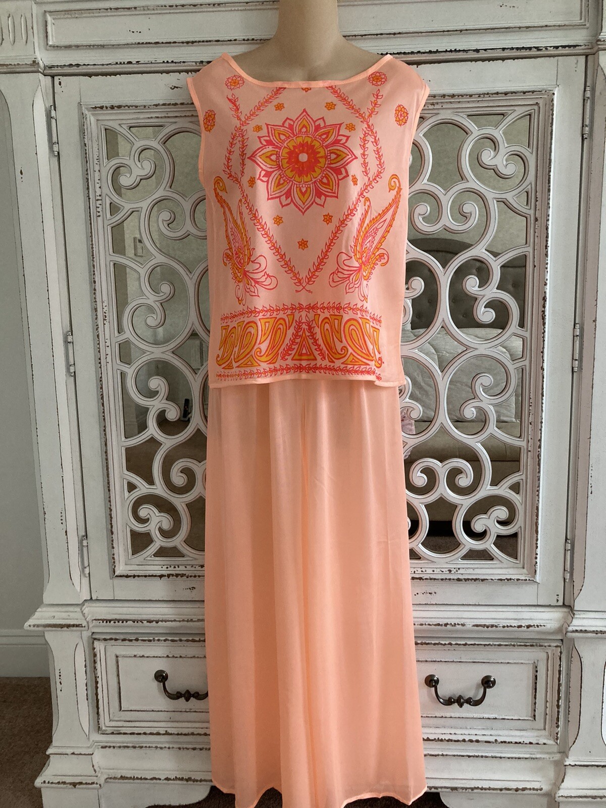 FABULOUS! NWOT! Vtg 60’s MOD Nylon Peach & Hot Pink Wide Leg PJ Pajama Set! S-M