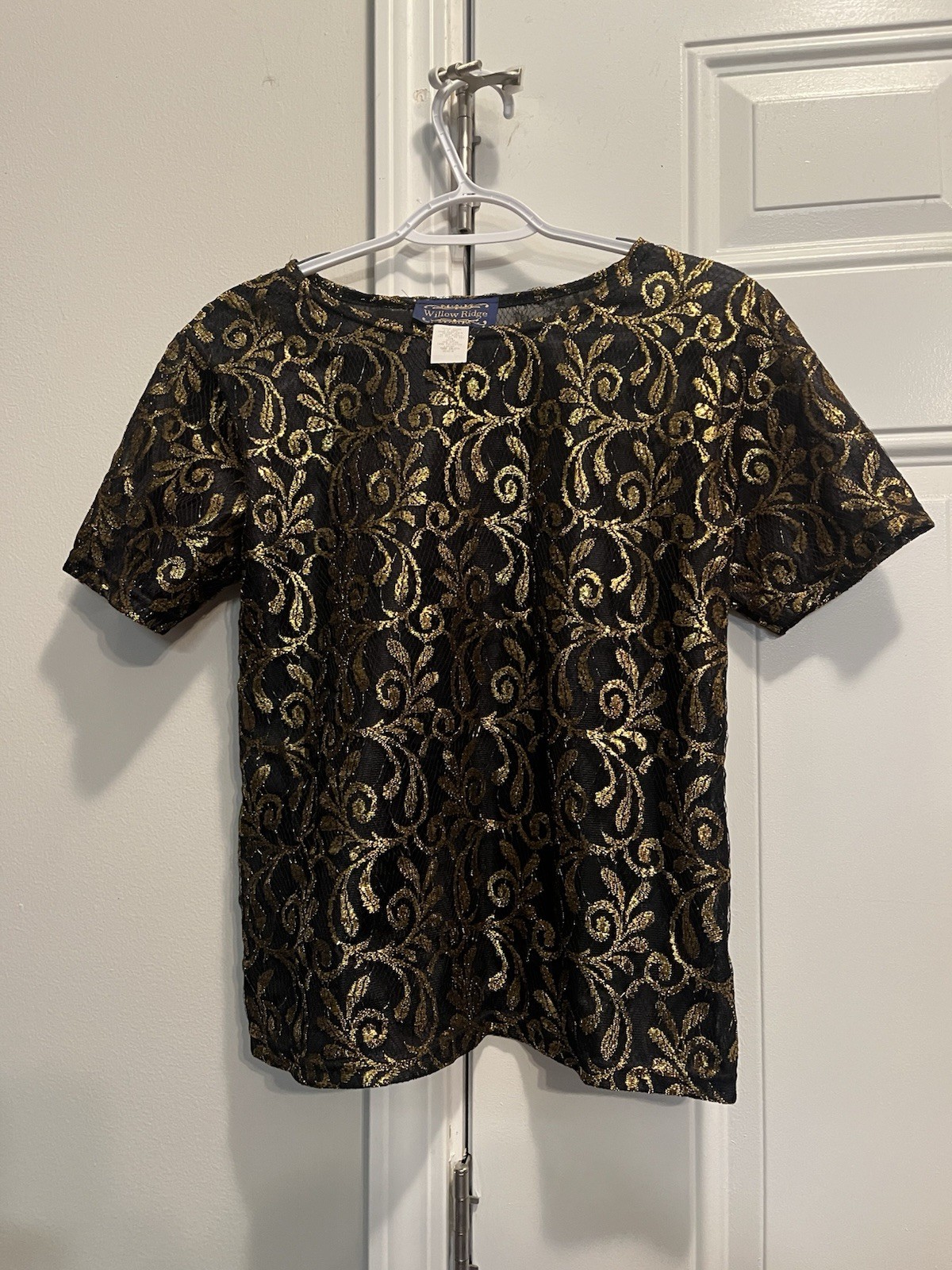 Vtg 1985 Willow Ridge Gold Metallic Mylar Mesh Black Top Whimsy Goth Blouse M