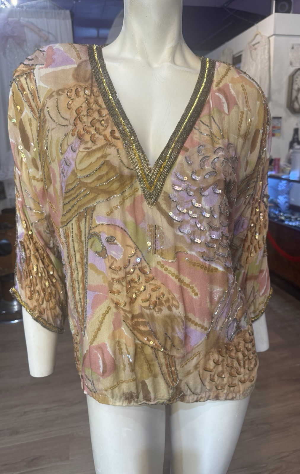 Vintage Judith Ann Creations 100% Pure Silk Sequin and Beaded Parrot Motif Top