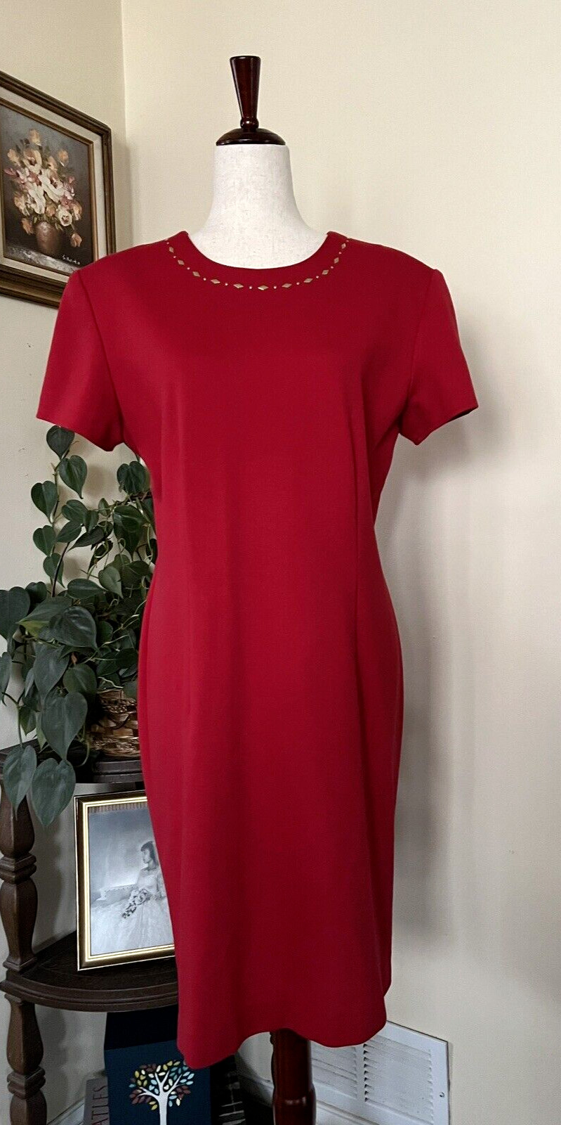Leslie Fay Vintage Red Dress w Gold Embellished Neckline sz 14 Union Tag