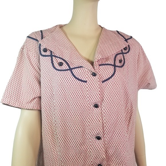 Vtg 40s red blue print button up day dress WWII era Victory Pinup VOLUP SIZING