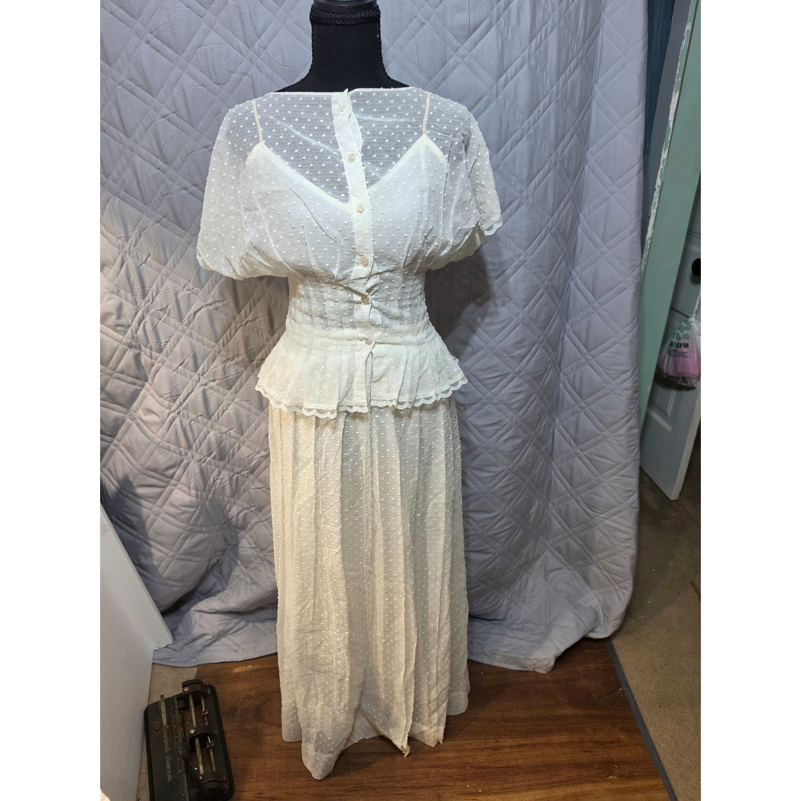 Albert Nipon Vintage 3 Piece Swiss Dot Peplum Top Maxi Skirt Slip Set Cream 4