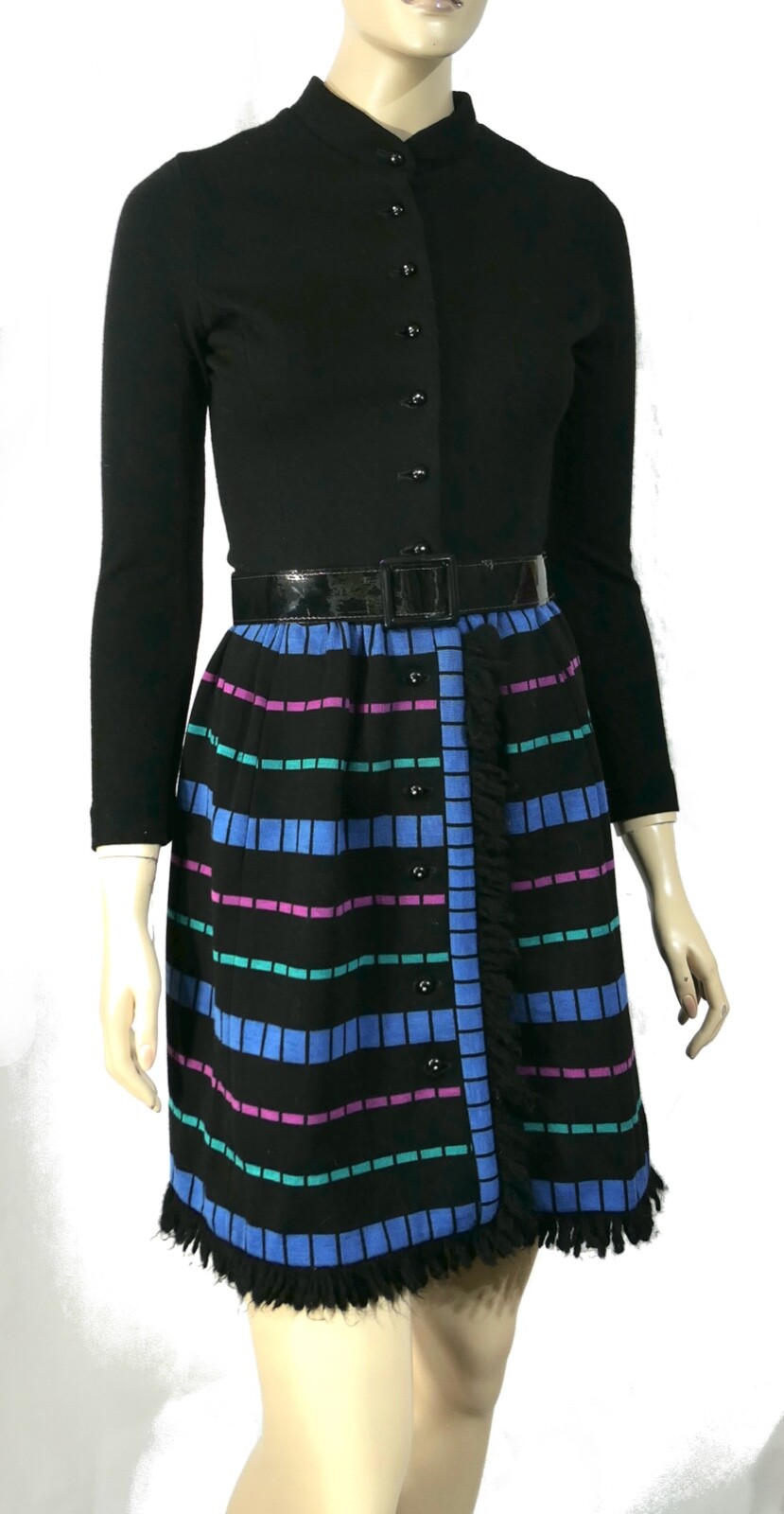 Vintage 60s Mod Go Go Wool Dress by Youth Guild Shirt Button Fringe Sz 0 XS