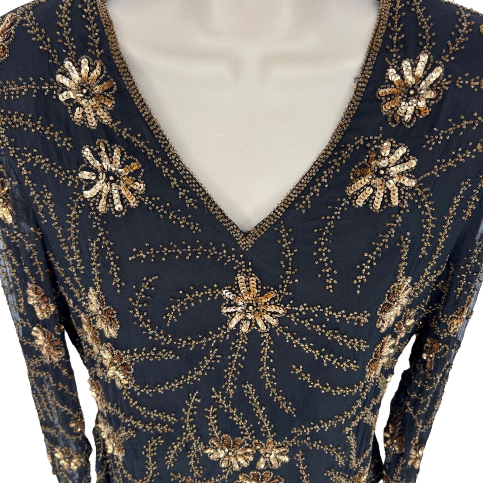 Stenay Vintage Silk Beaded Sequin Floral Blouse Black Gold Evening Top Large