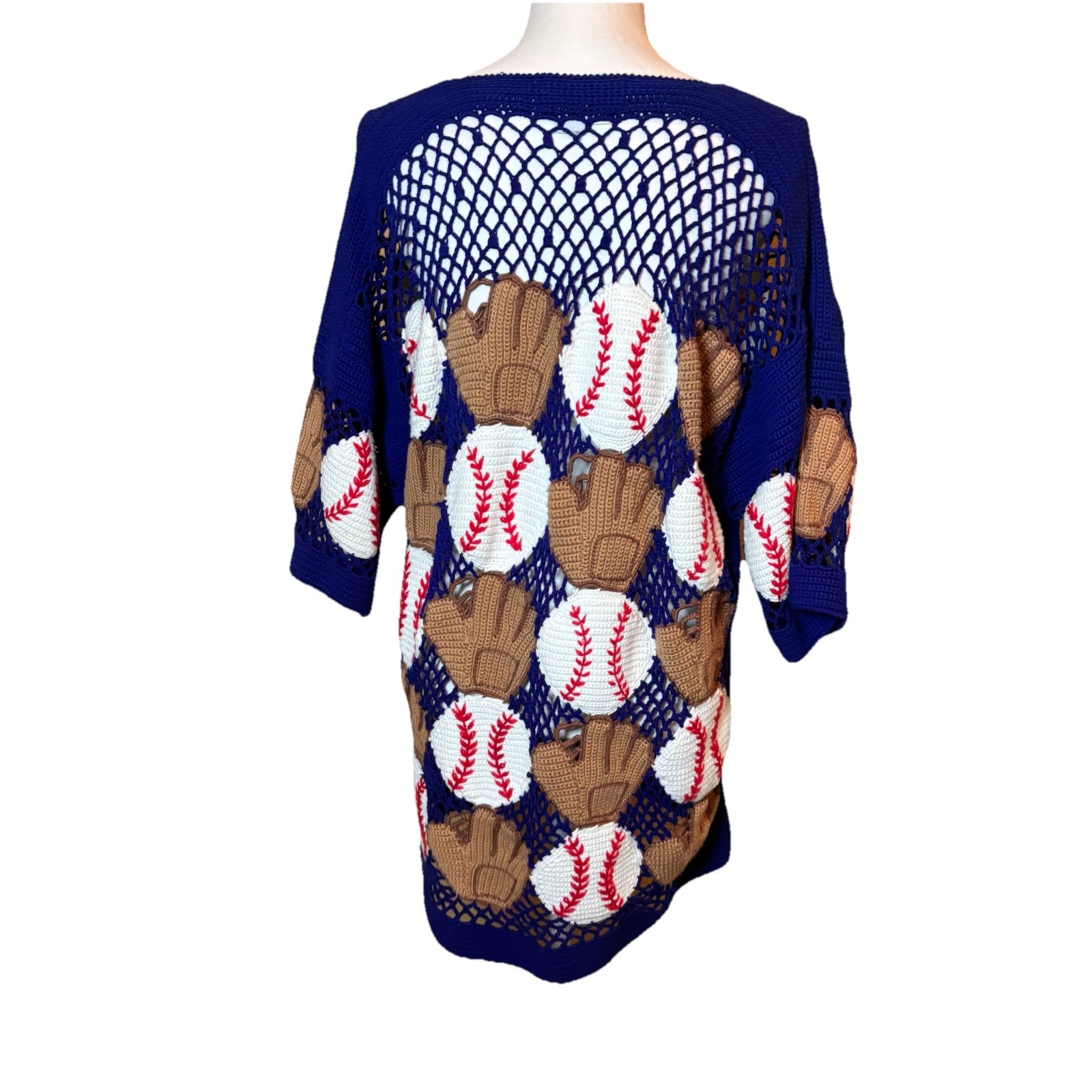 Vintage Berek2 Cotton Crochet Sweater Baseball Glove Novelty Size M/L Blue