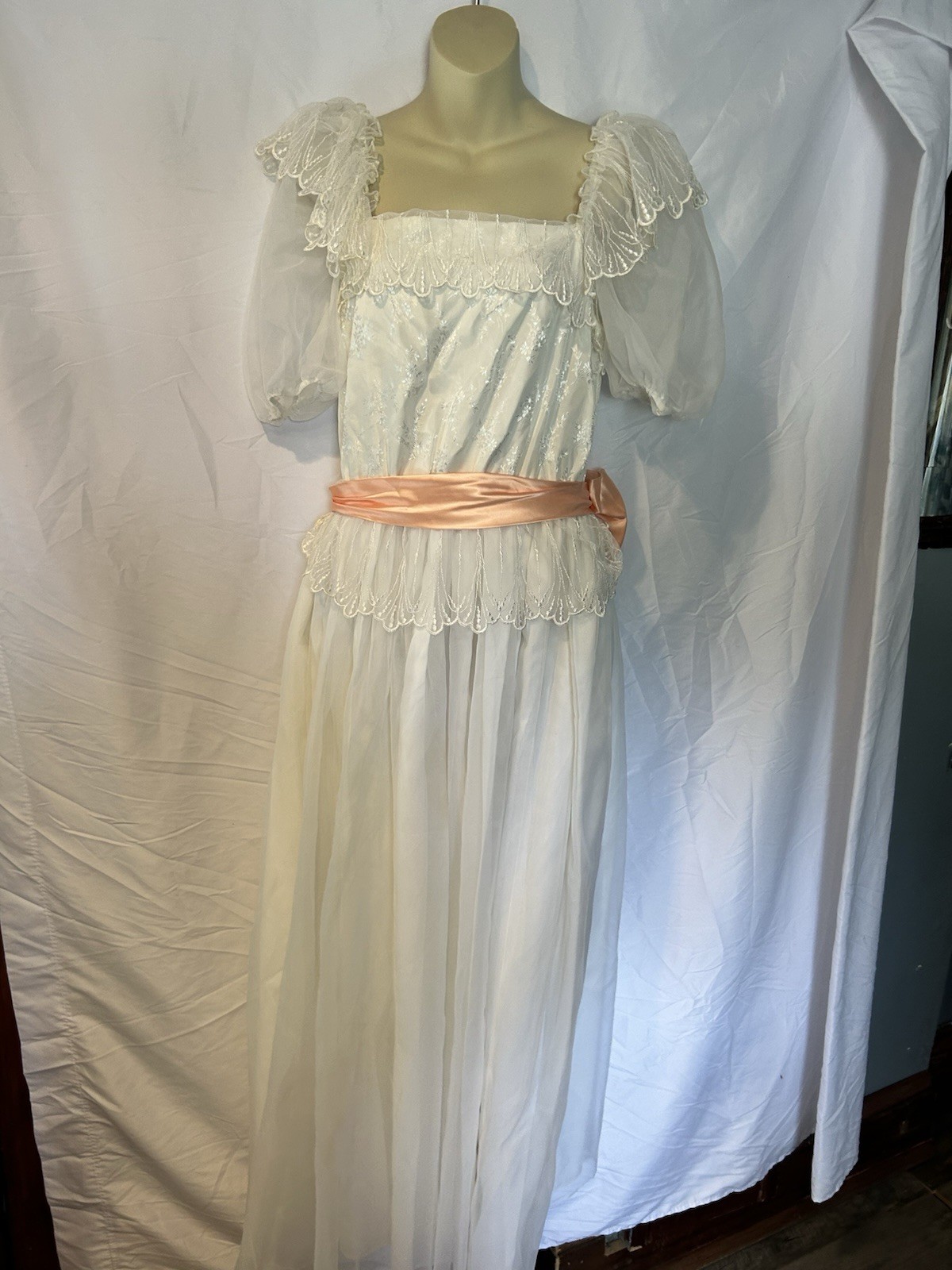Vintage 70s Prairie Cottagecore Maxi Ruffle Lace Dress Wedding Bridesmaid