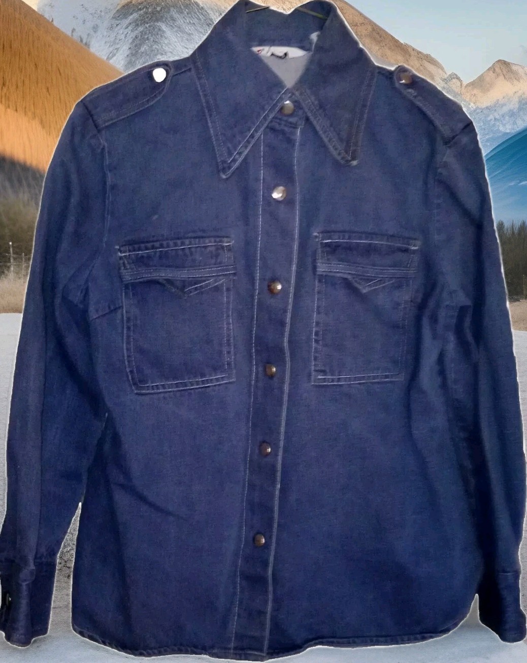 ​Vtg Kmart Denim Snap Shirt Shacket Dagger Collar Safari Western Indigo 18.5