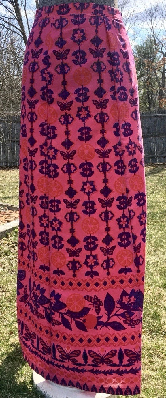 Vintage 60’s Pink Ruth Clarage Hand Block Printed Floral Long Skirt Size 0/2 XS