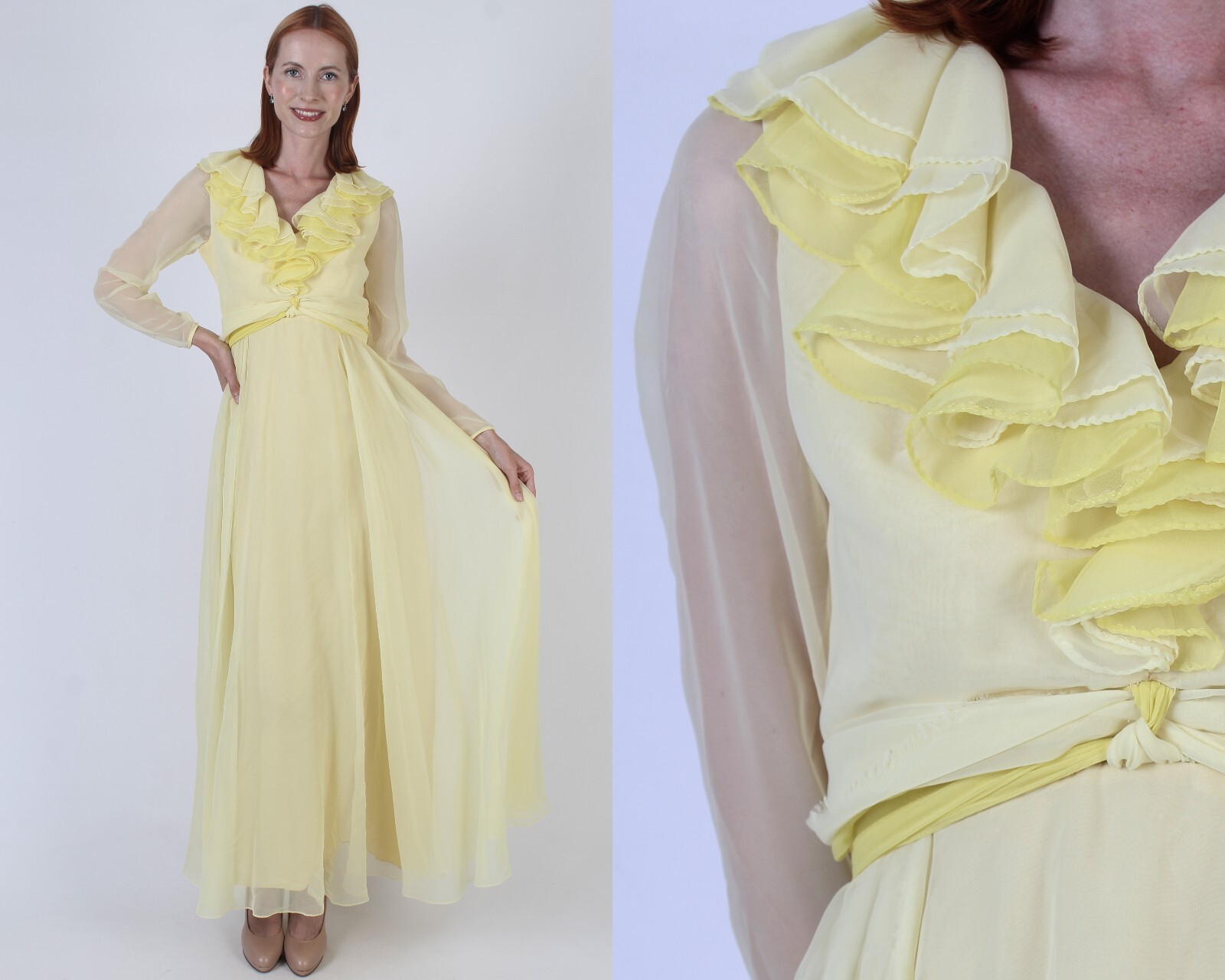 Vtg Miss Elliette Yellow Chiffon Party Dress Deep V Cocktail Party Maxi Bride