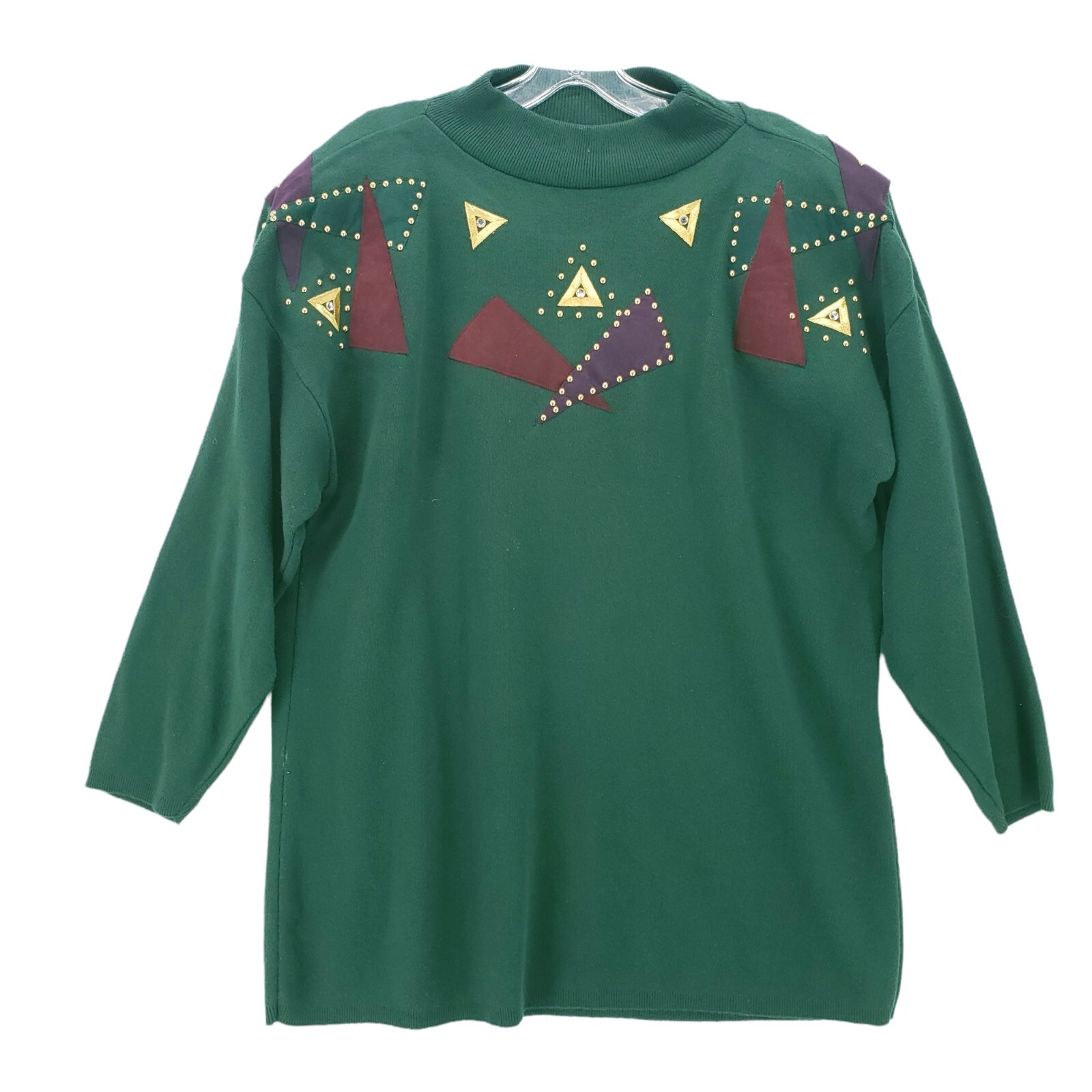 GANTOS Vintage Green Sweater Embellished Studded Geometric Shoulder Pads Sz 12