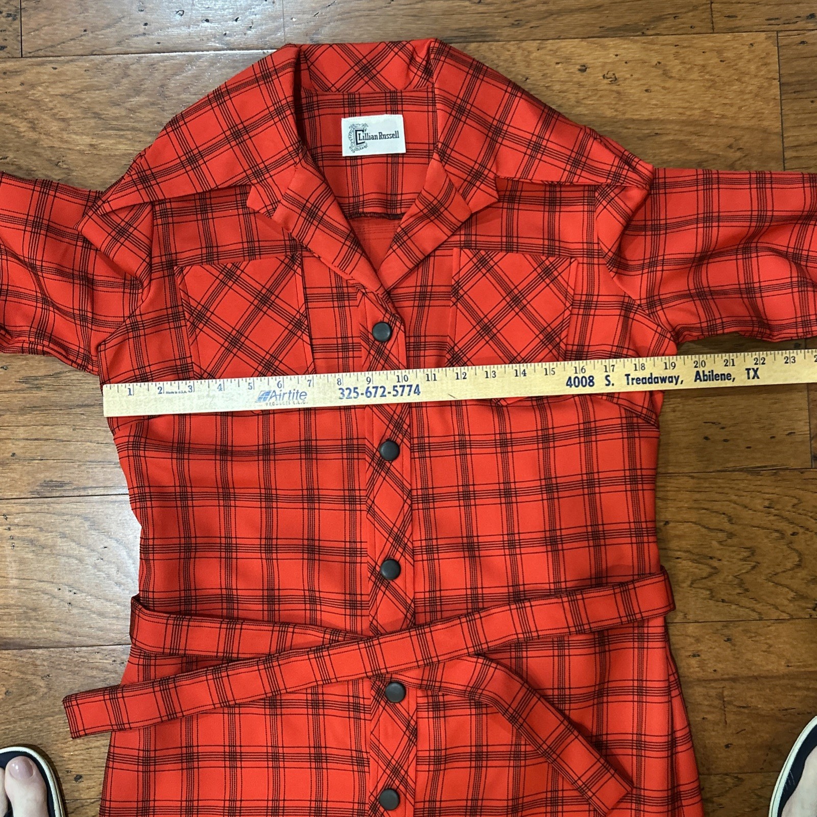 Vintage Red Black Plaid stripes Shirt Dress Polyester Knit Medium Large EUC
