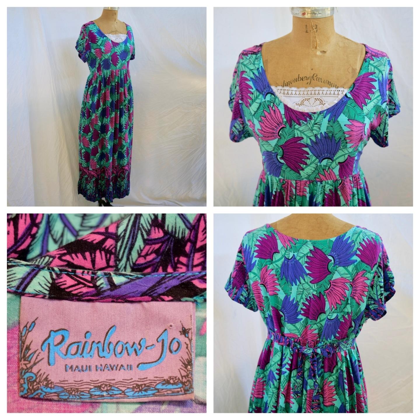 vtg RAINBOW JO Mod Floral Hawaiian Tie Back Maxi Dress Festival Hippie M Y2K EUC