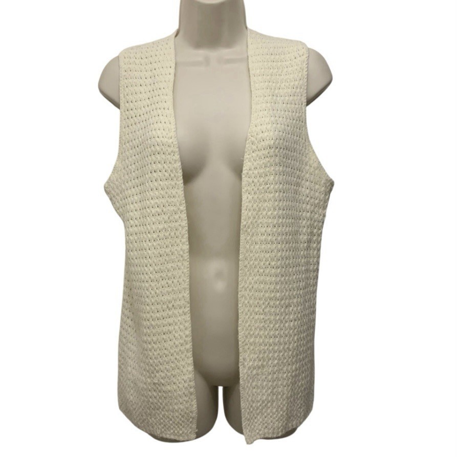 Vintage Crochet Knit Vest Open Front Cream 1970s Turbo Acrylic Womens Large