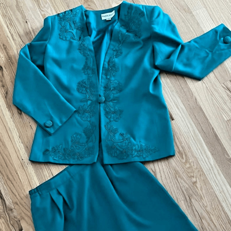 vtg 80s John Meyer of Norwich women’s jacket skirt set size green teal 12 rayon