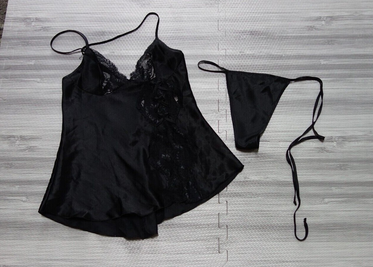 Vtg Shirley of Hollywood Camisole Bikini Set Black Satin Size Small