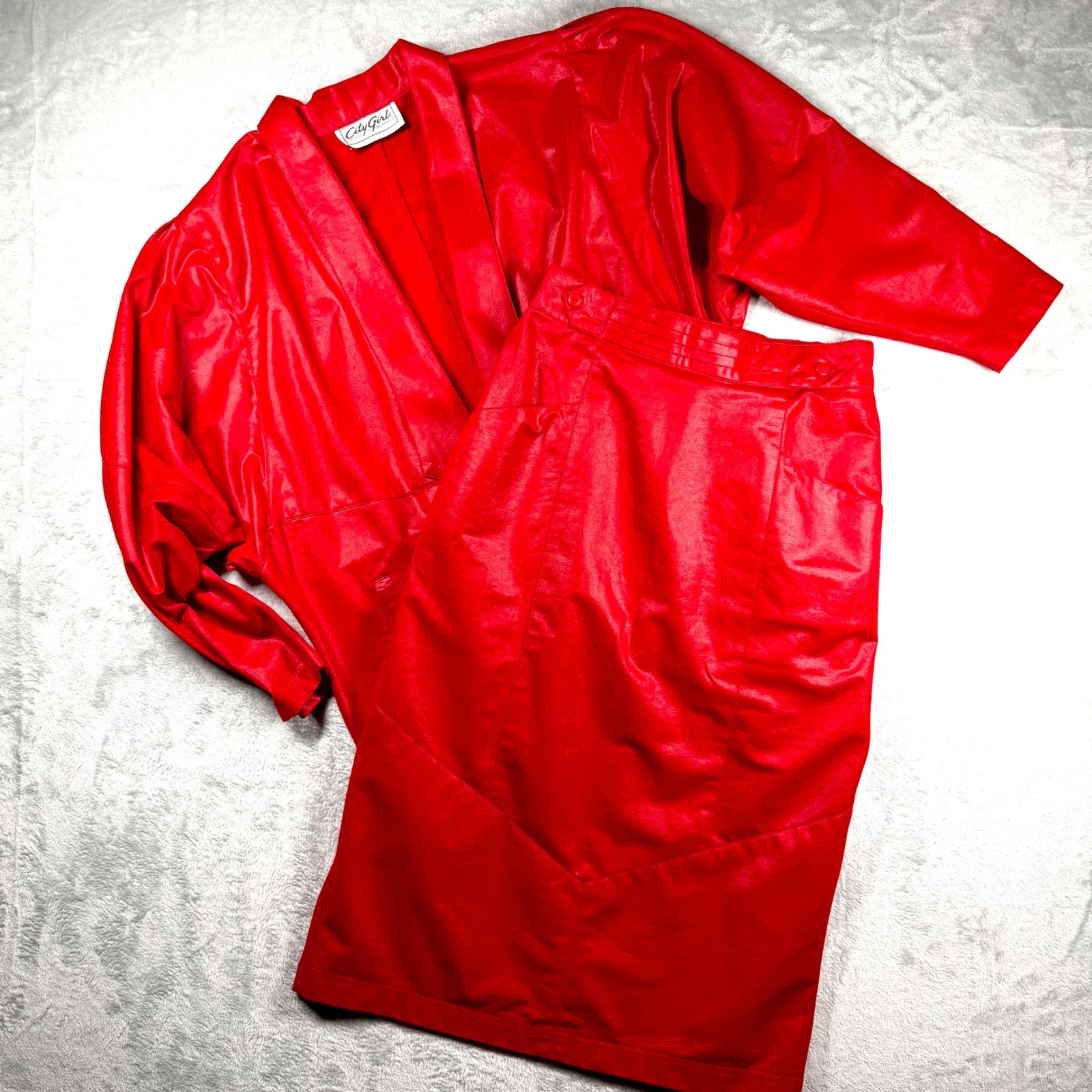 City Girl Vintage 80s Red Skirt Suit Blazer Pencil Skirt Set Bold Retro Red