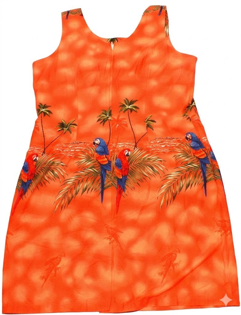 Vintage KY’s Hawaiian Dress Sleeveless Sundress, Orange/Parrots, Size 2XL