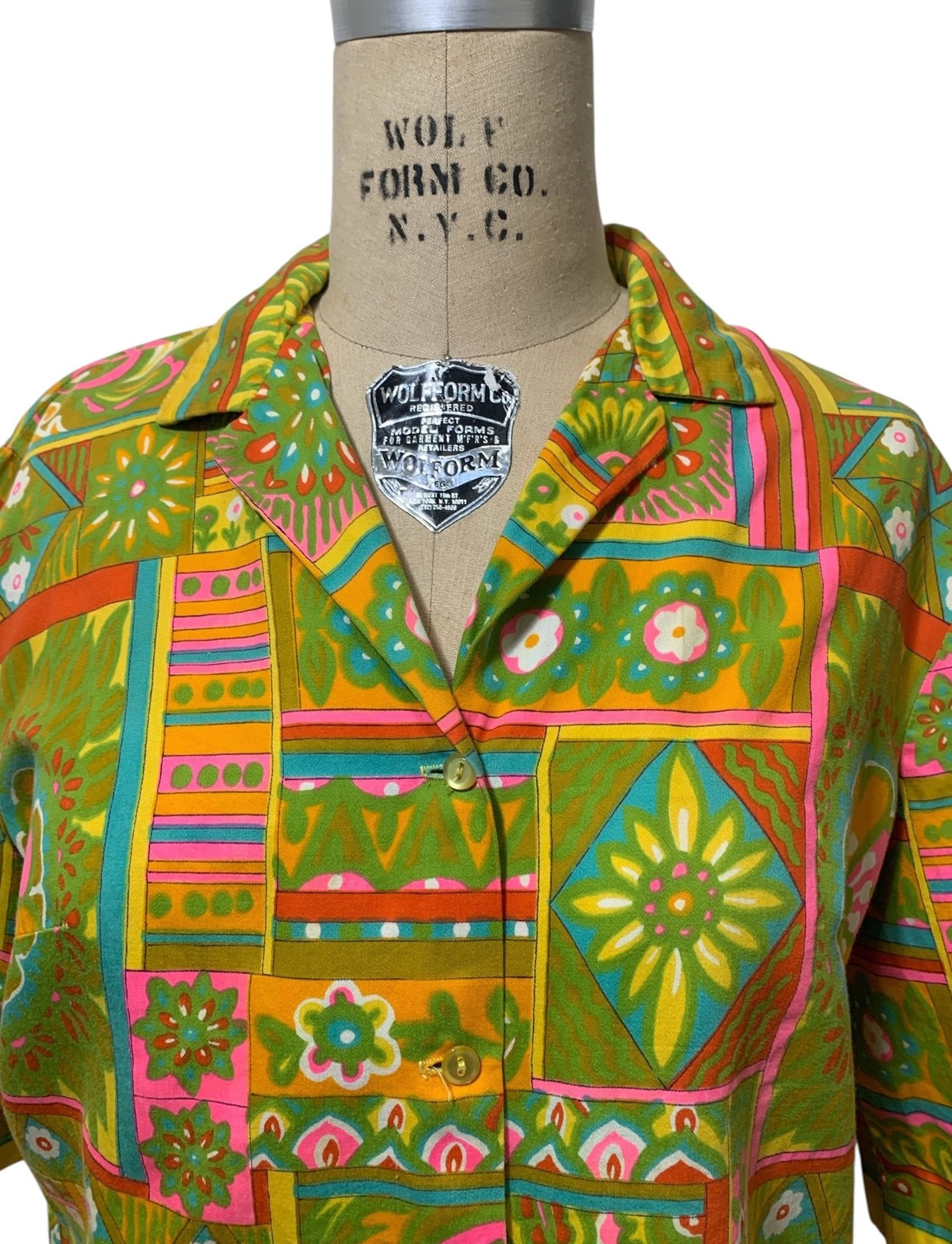 ALEX COLMAN Vintage 60s/70s Women’s Psychedelic Print Cotton Blouse Shirt – Sz L