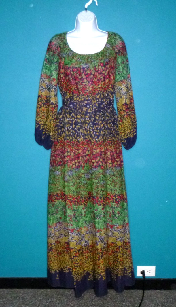 Vtg 60s 70s Miss Elliette Cotton Organdy Maxi Dress Botanical Floral Sz S/M
