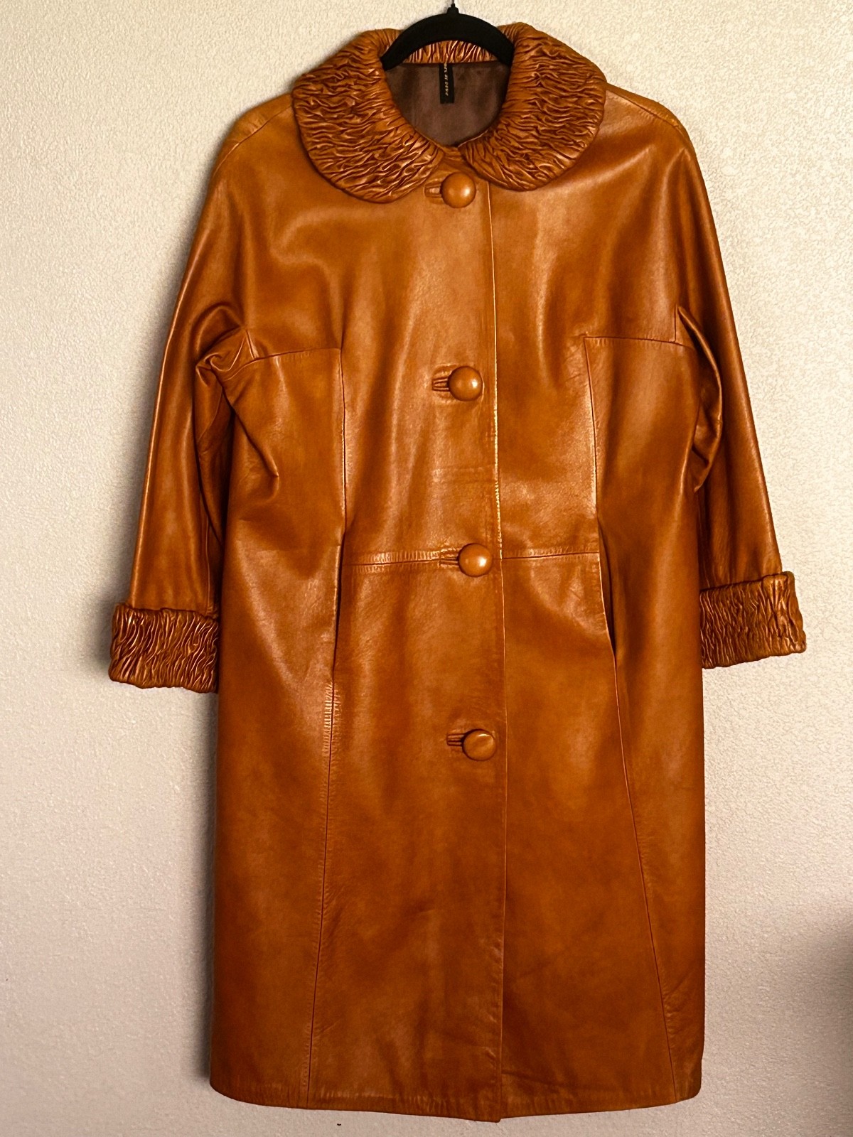 VTG Camel Brown 3/4 Length Sleeve Leather Coat Women’s Handcrafted in Spain
