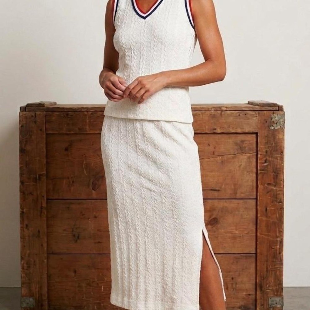 Vintage 1970s Futura Couture 2-Piece Cable Knit Set Union Made White Red Blue S