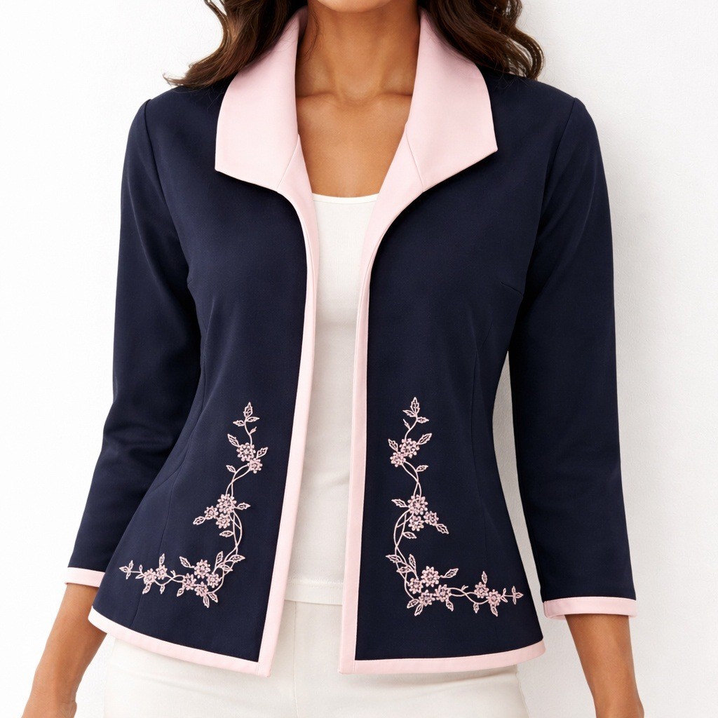 Willow Ridge Navy Blue Pink Floral Embroidered Jacket Size 10 Vintage