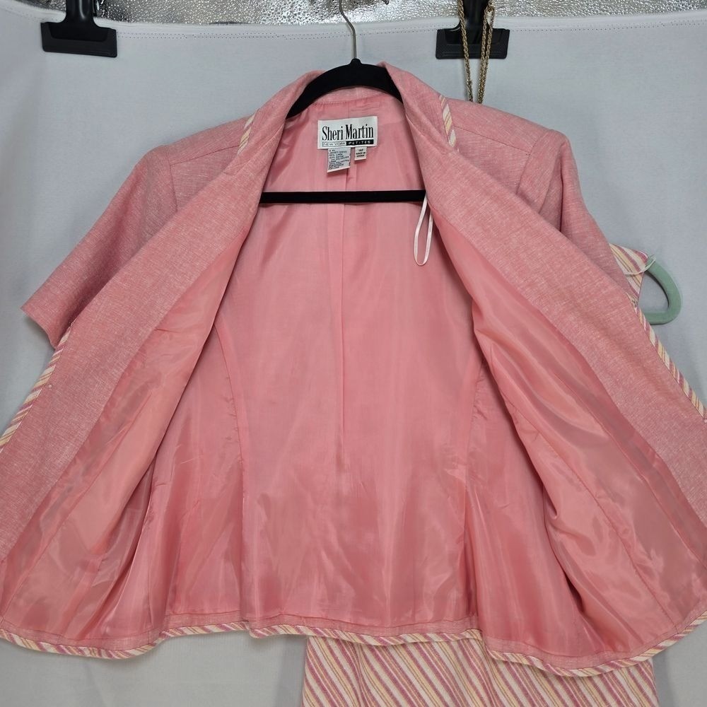 Sheri Martin Pink Linen Blend Striped Dress and Jacket Set Womens 14P Petites