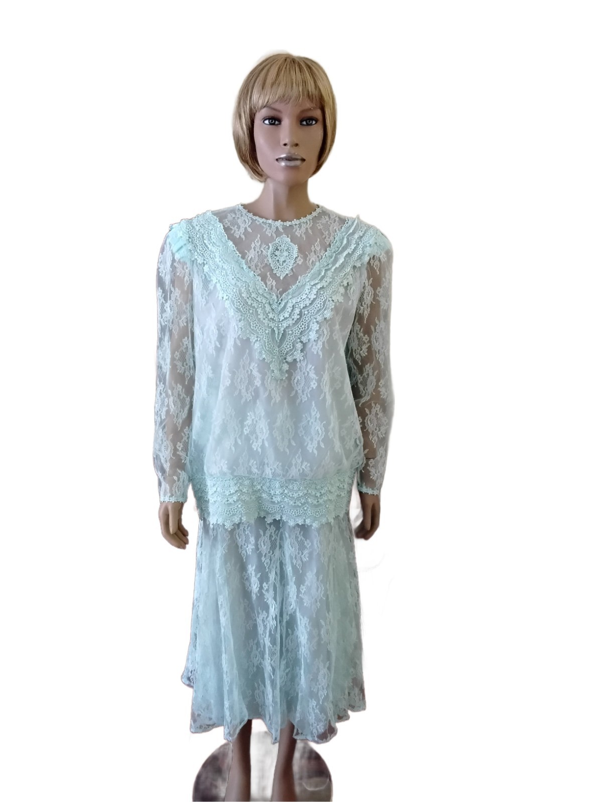 Vintage 1970s Samuel Scott Seafoam Green Lace 2-Piece Formal Dress Set 16W