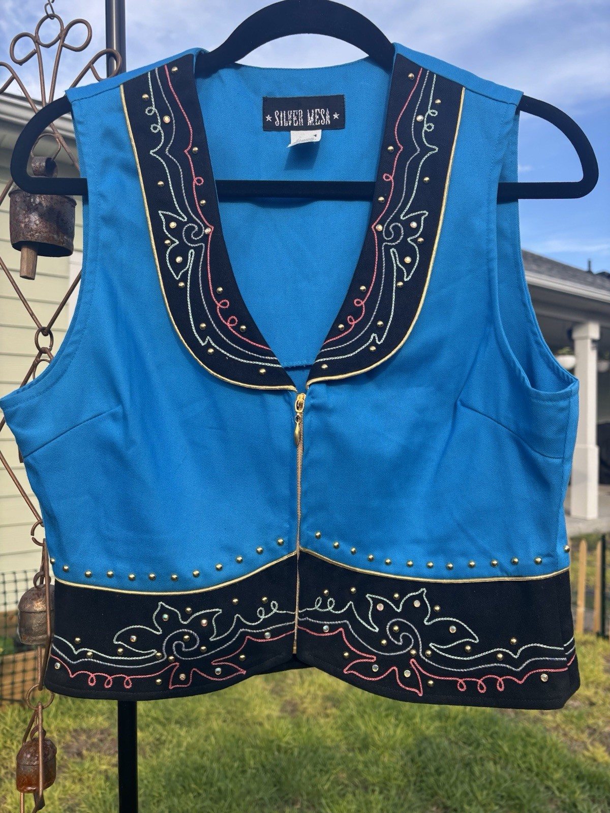 Vintage SILVER MESA Blue Beaded Gold Western Beaded Equestrian Show Riding Sz M