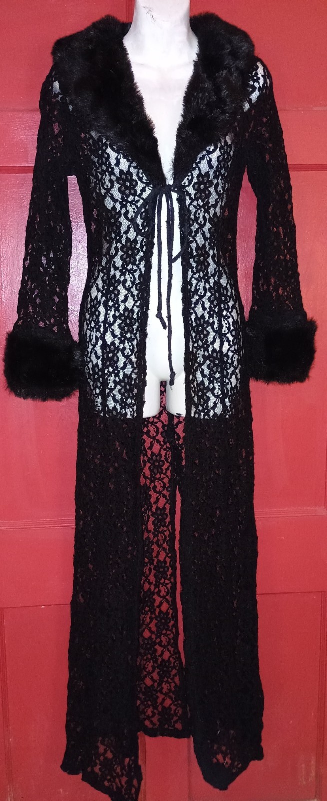 Vtg 90s B/A/S/I/C Basic USA Black Lace Faux Fur Long Robe Cover Goth