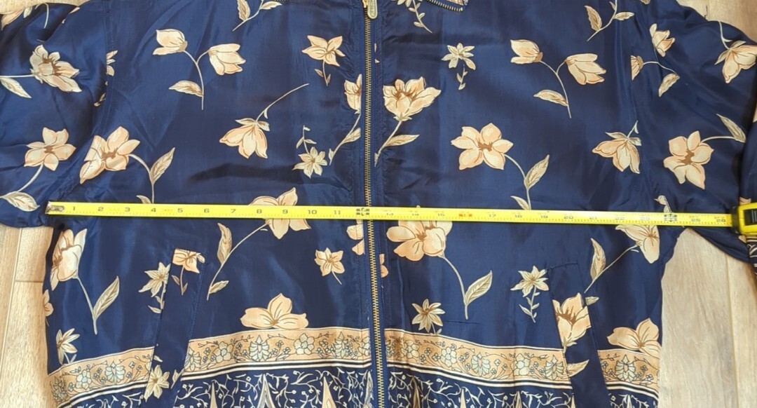 Vintage Fuda International Silk Bomber Jacket Size Large Navy Blue Floral Zip