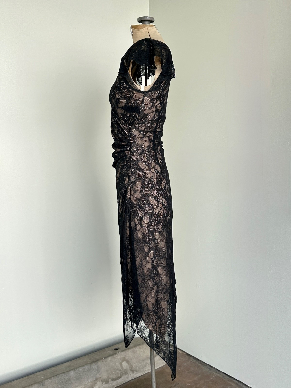 Bebe 90s Black Lace Wrap Dress Size XS xsmall Vintage Asymmetrical Bodycon Dress