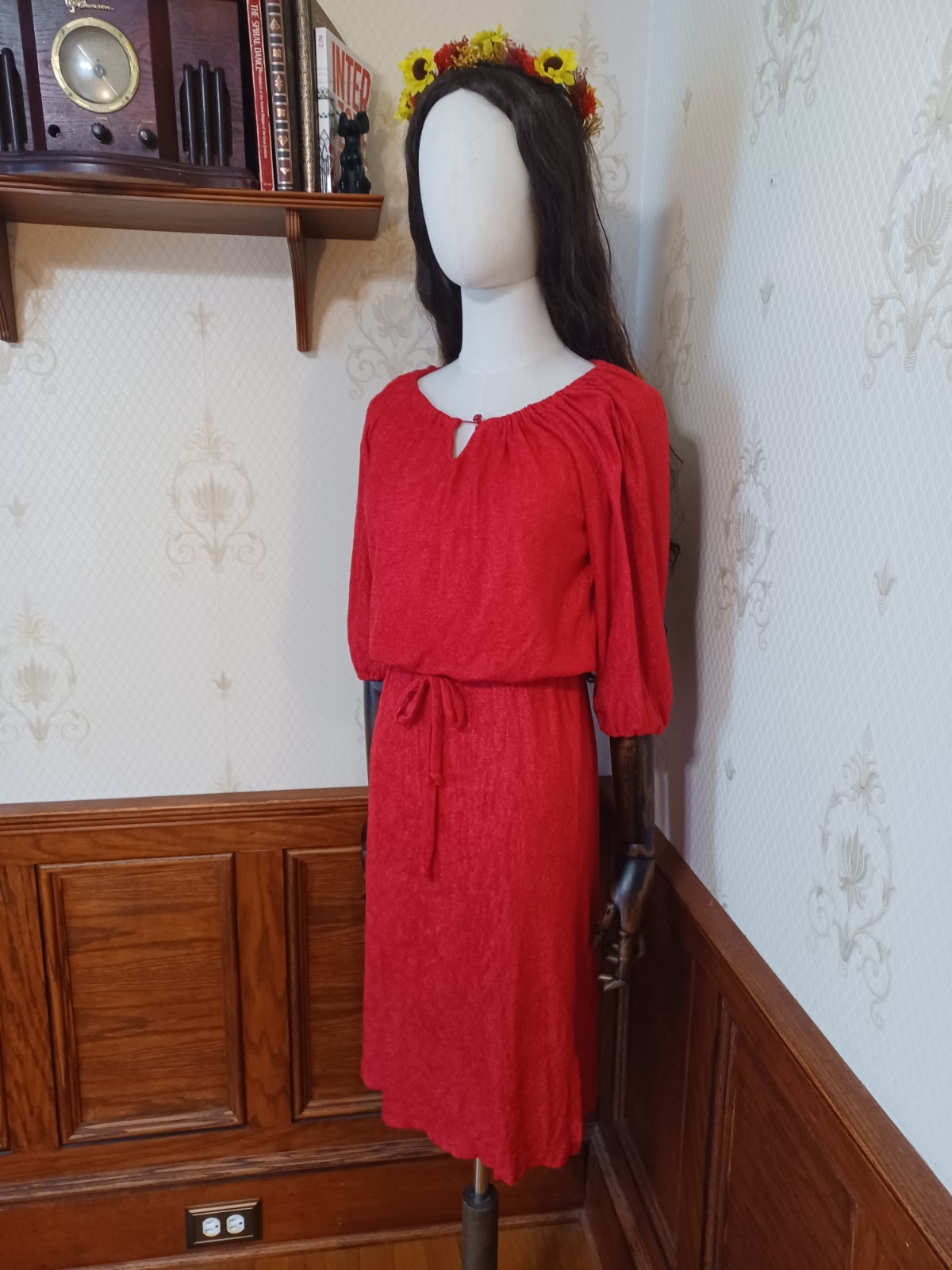 Vintage 1960s/1970s Red Terrycloth Puff Sleeve Boho Hippie Hostess Midi Dress