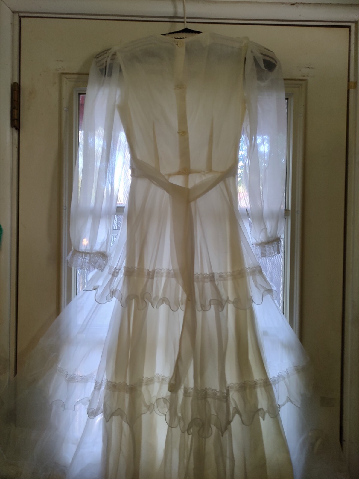 Vintage Adolescent Gunny Style, White Frilly, Shear Dress,Sz M junior.