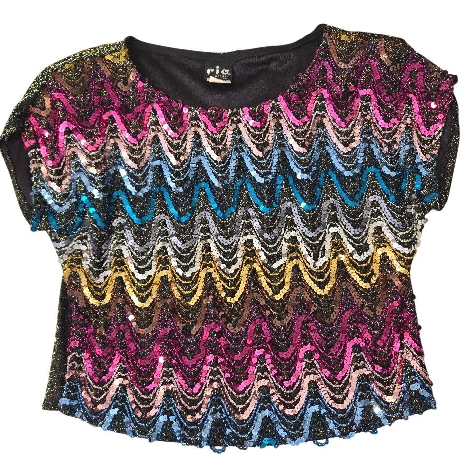 Vintage Sequin Glittery Crop Top Womens Black Multi Zig Zag Metallic Disco Glam