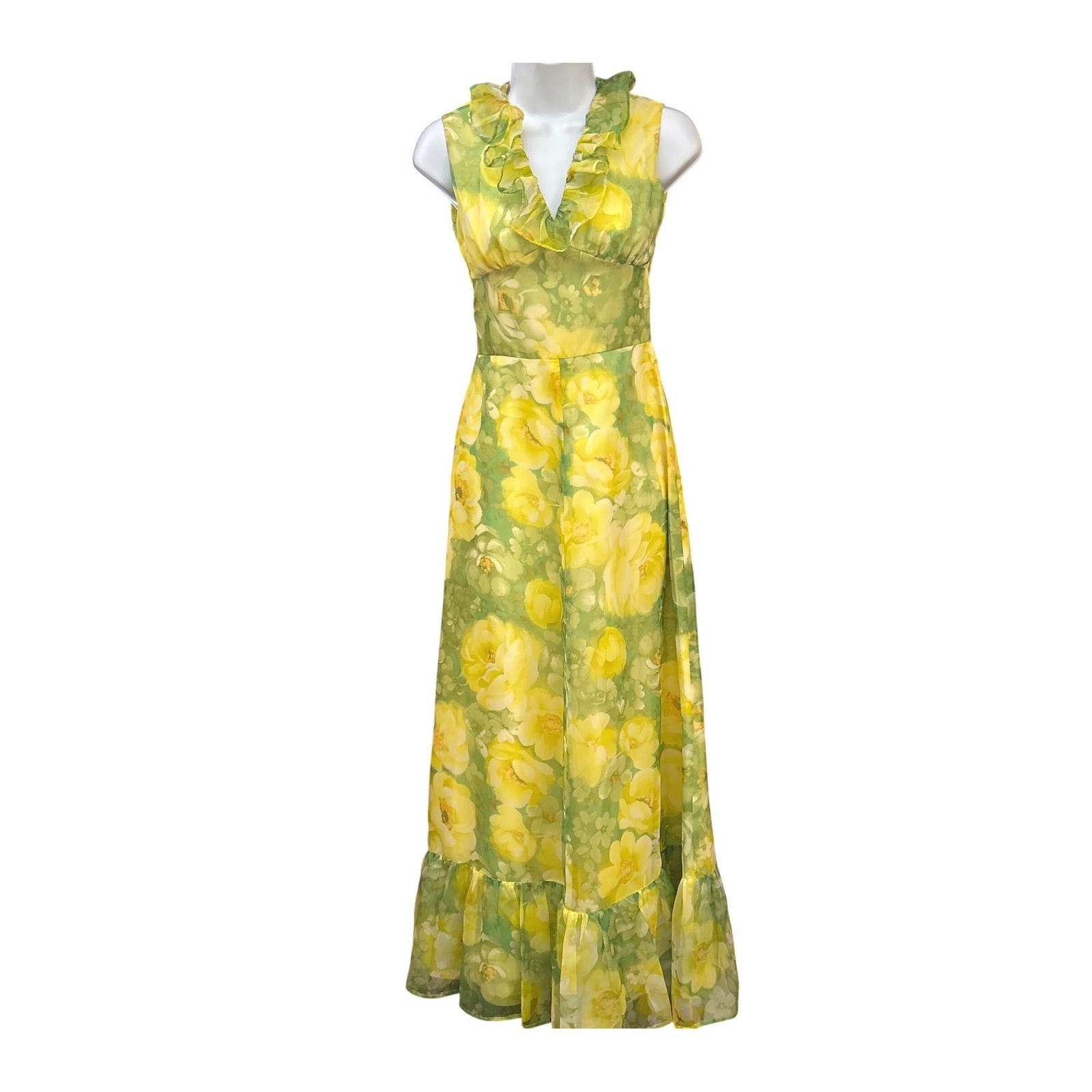 Vintage 70s Floral Maxi Dress Yellow Green Ruffle Boho Prairie Garden Party Prom