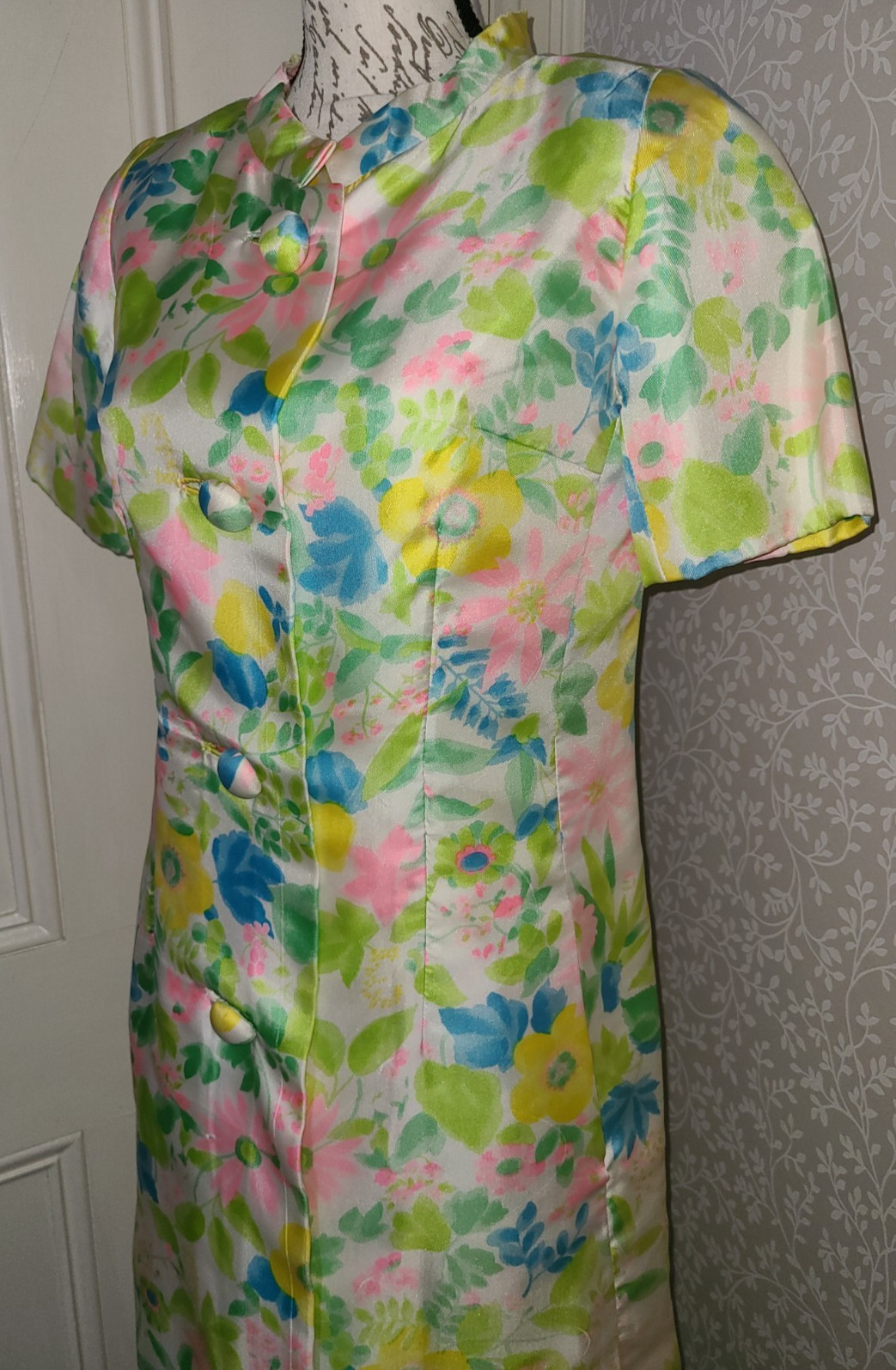 Vtg Nat Kaplan silk mod floral sleeveless sheath dress w jacket, approx size S/M