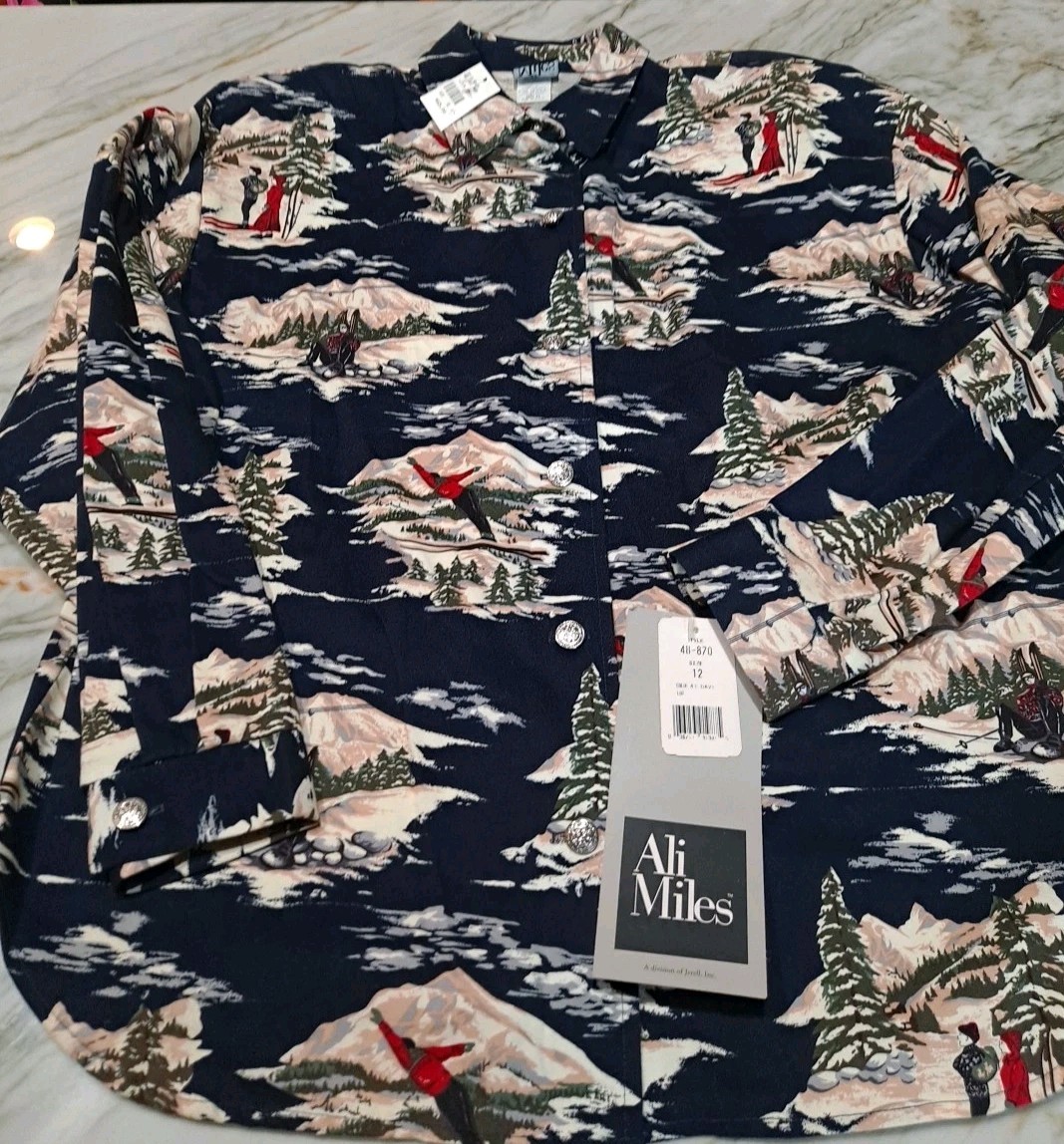 NOS NWT long Sleeve Button Down Shirt 12 Graphic Print Snow Skiing Shirt Sz 12