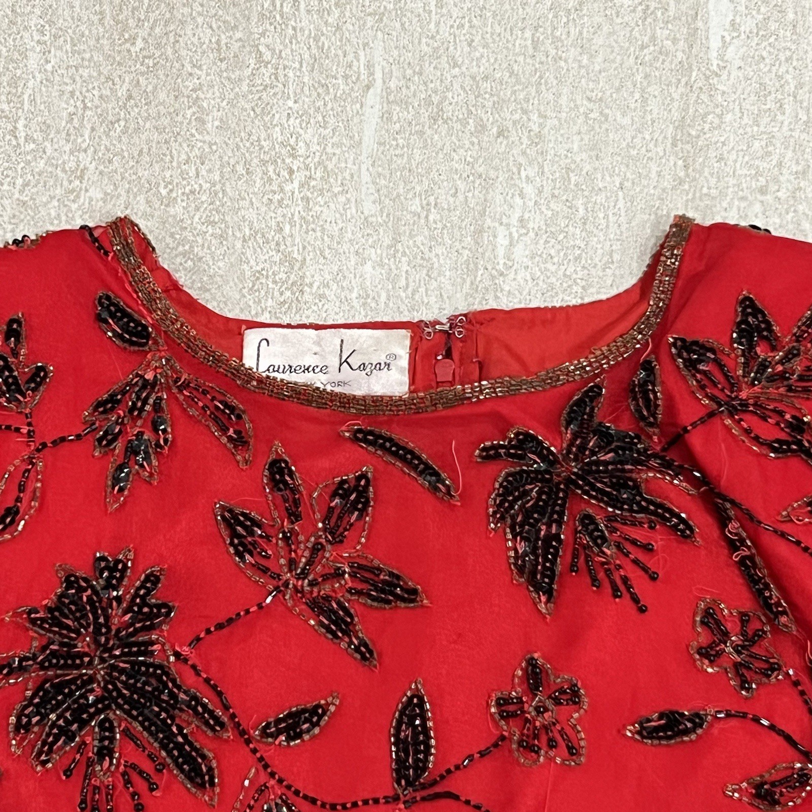 Vintage Laurence Kazar Beaded Top Red Floral Pure Silk Sz L EUC