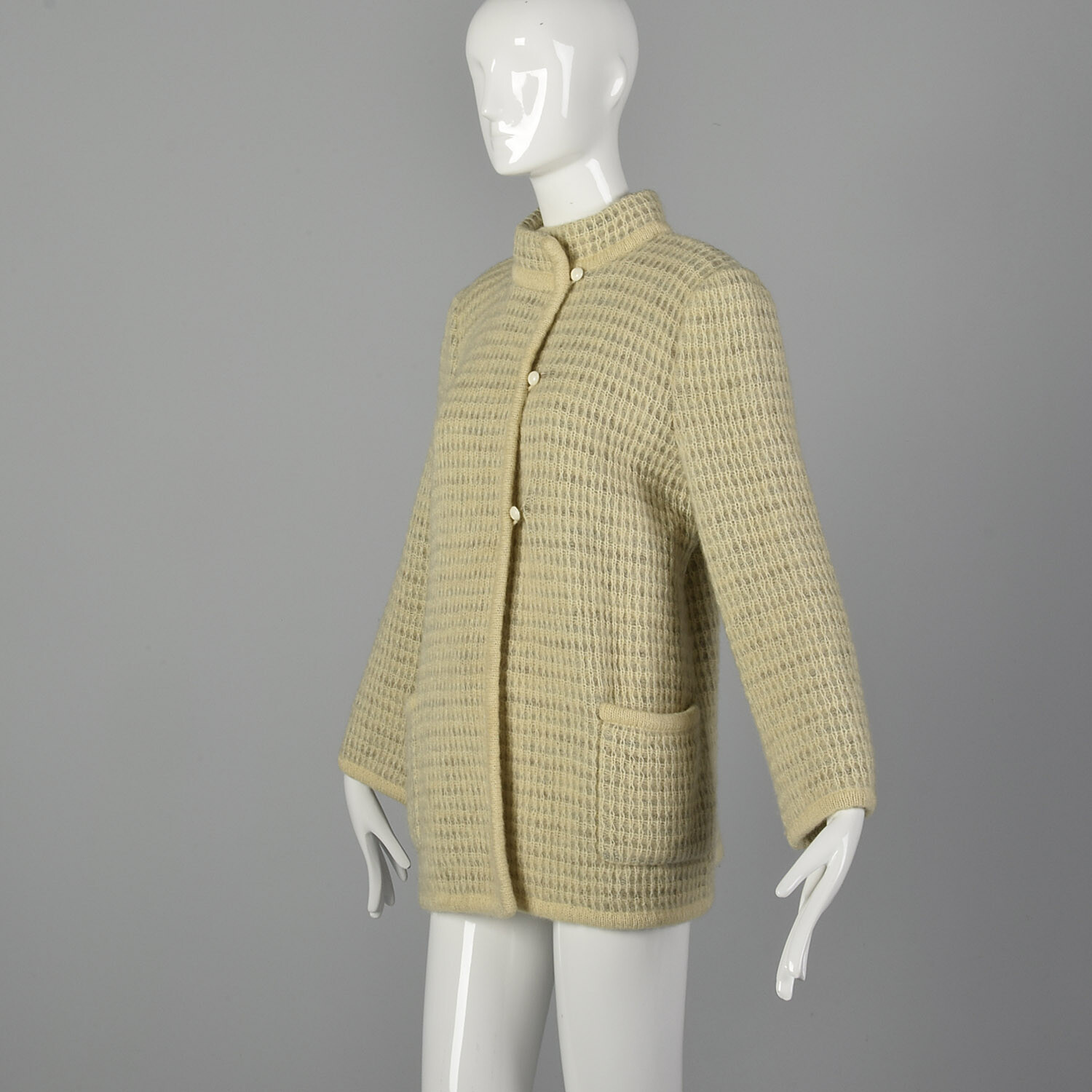 L Cream Knit Jacket 1970s Loose Knit Winter Weight Cardigan Sweater Coat 80s VTG