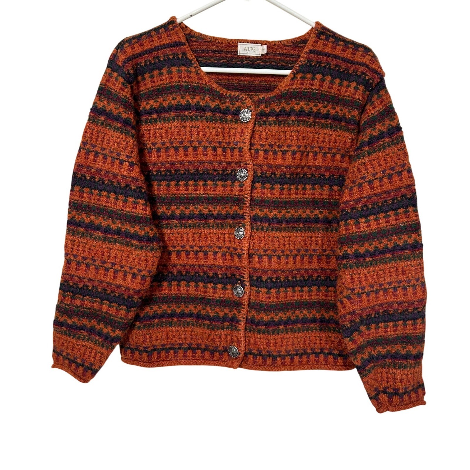 Vintage Orange Fair Isle Wool Blend Button Up Cardigan Sweater USA Made Womens M