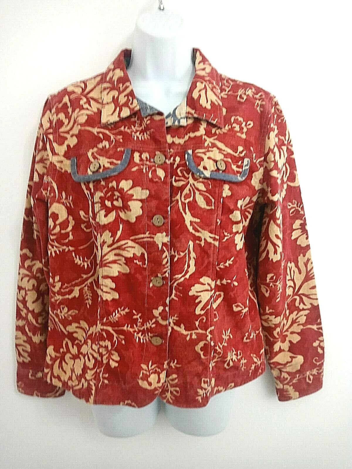 Vintage Coldwater Creek Jacket Women’s M Medium Trucker Cotton Red Tan Floral