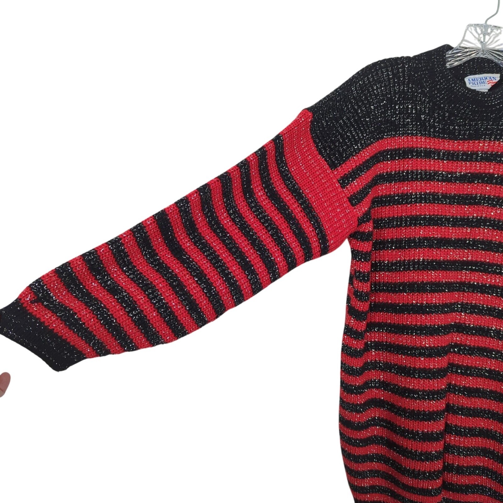 Vintage American Pride Sweater M Black Red Metallic Stripe Knit Pullover Retro