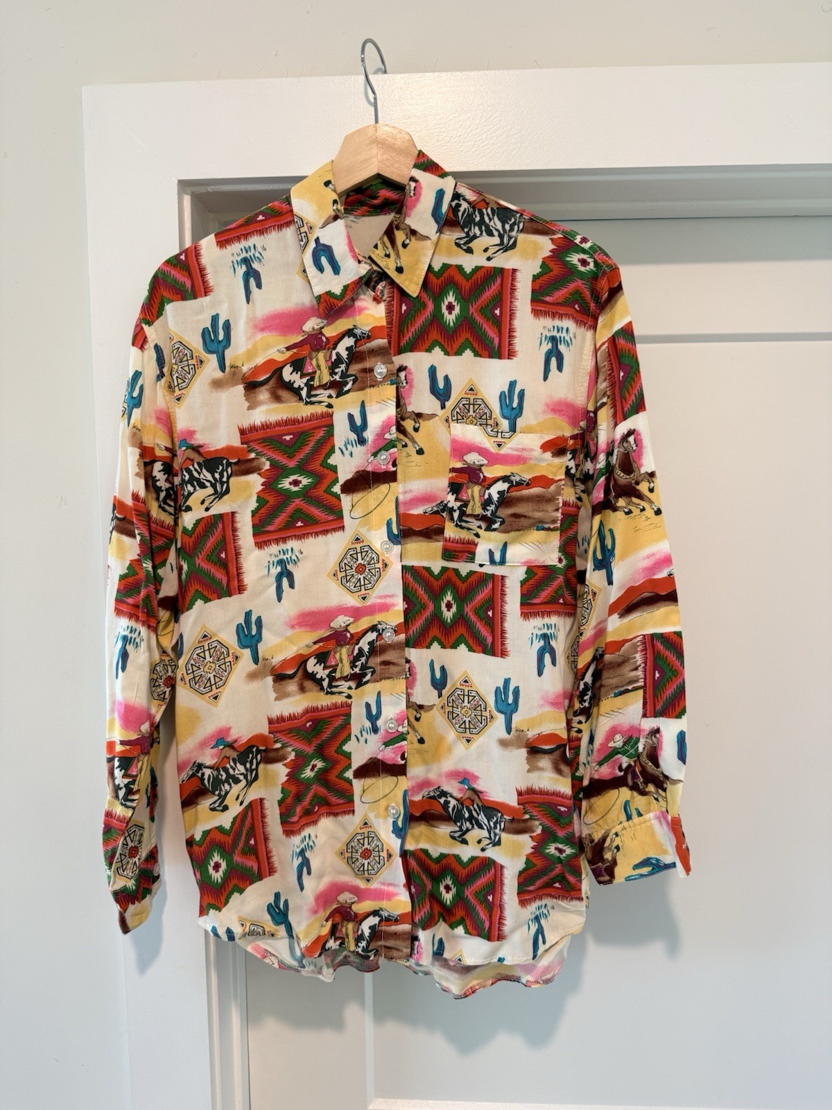 Vintage 80s Novelty Print Western Cowboy Southwest Rodeo Button Up Shirt