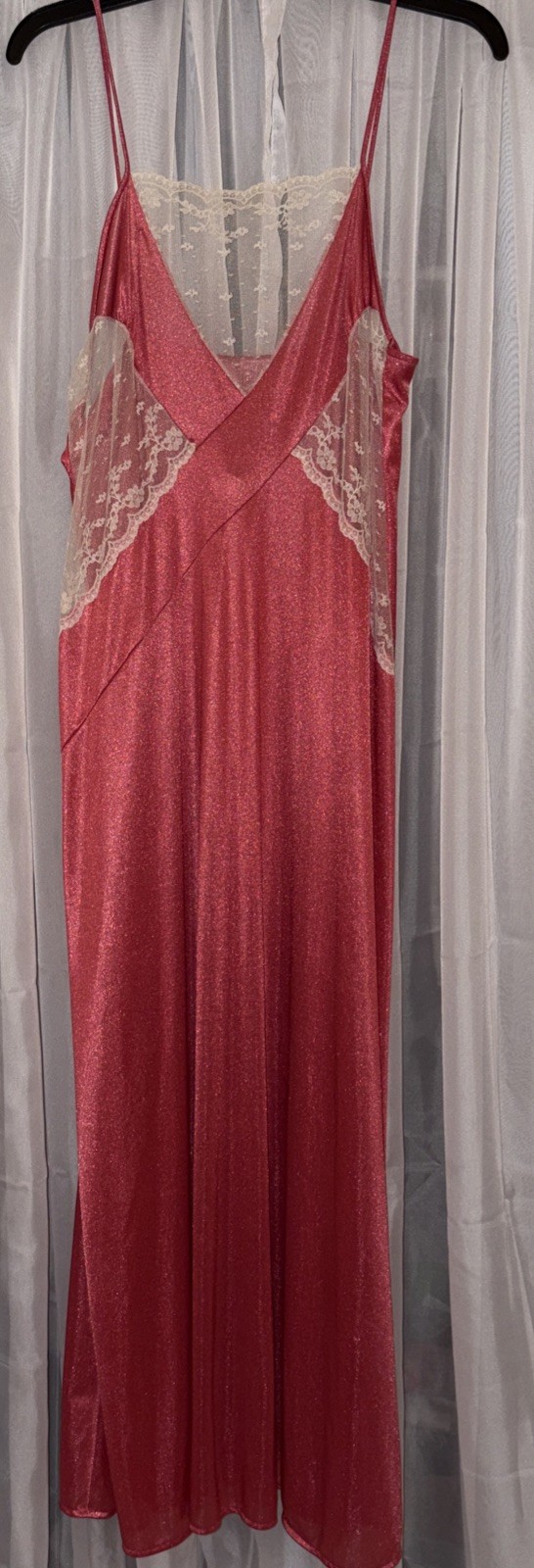Vintage Avon Fashions Pink Nylon And Lace Long Nightgown Size Large Evening Soft