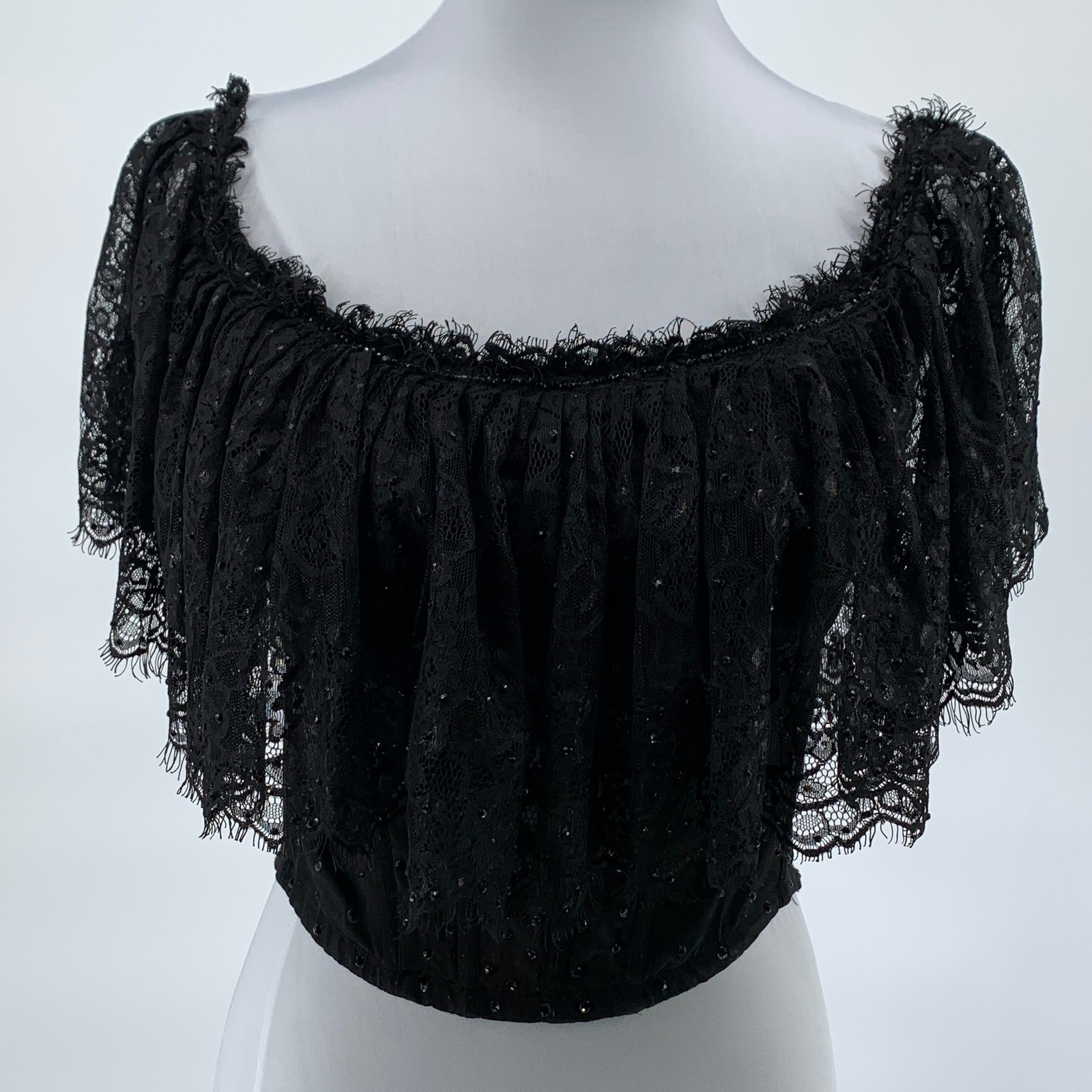 Vintage size XS Black Lace Basque Top Beaded Corset Antique Lace Overlay