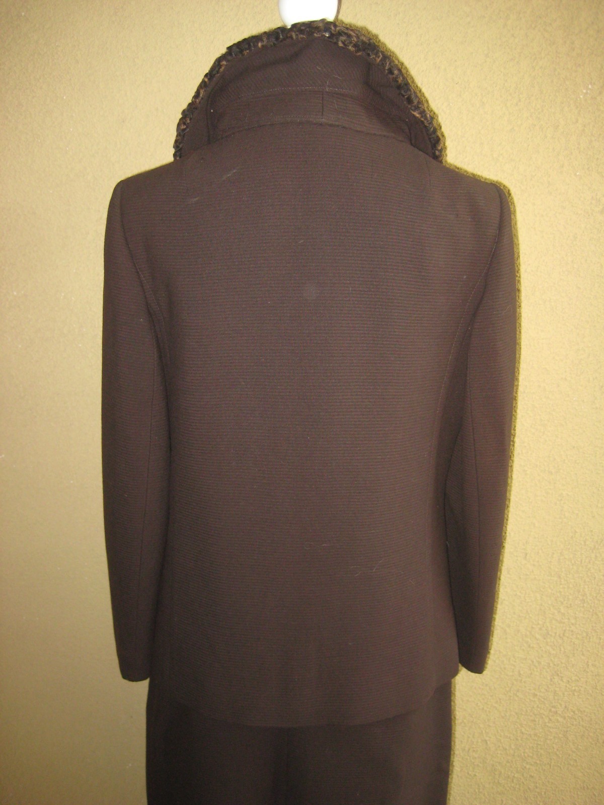 Vintage 70s Carlisle Couture brown wool Persian lamb trim 2 pc lined skirt suit