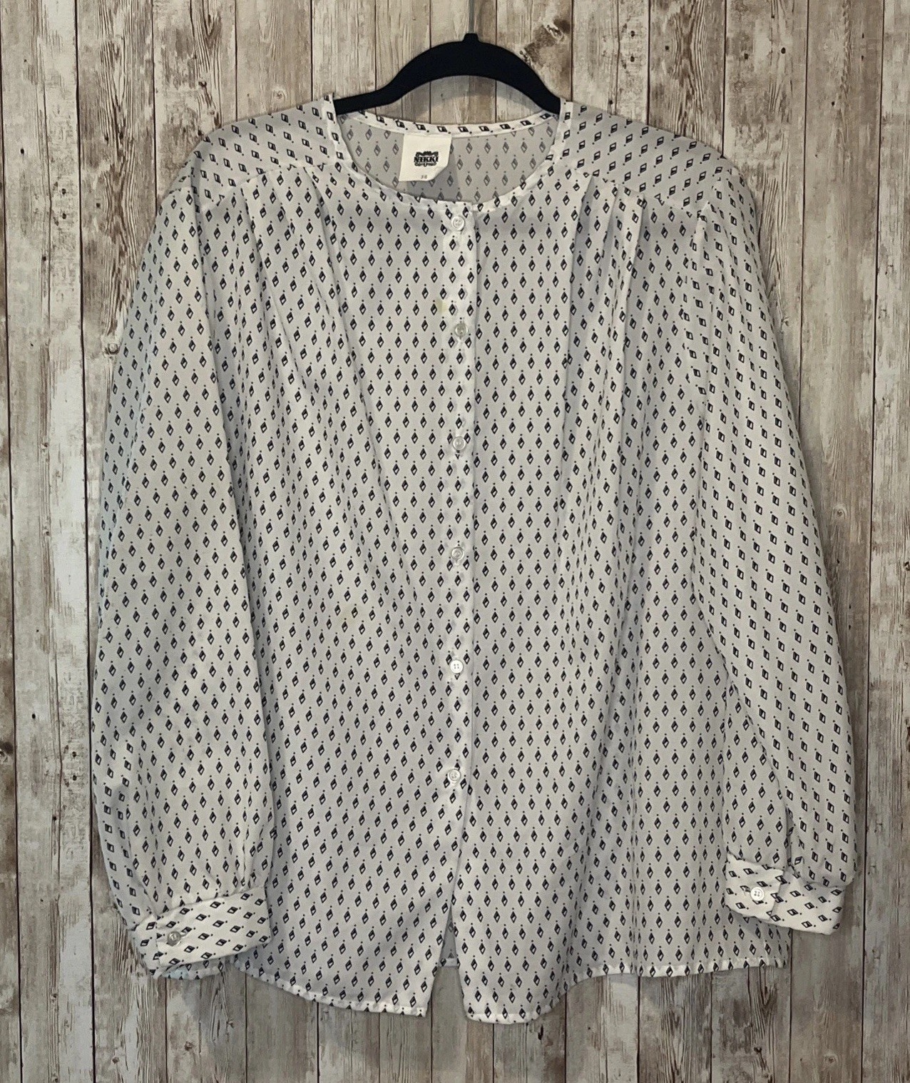 Vintage 1970s Nikki White & Black Long Sleeve Button Up Blouse Shirt Diamond XL